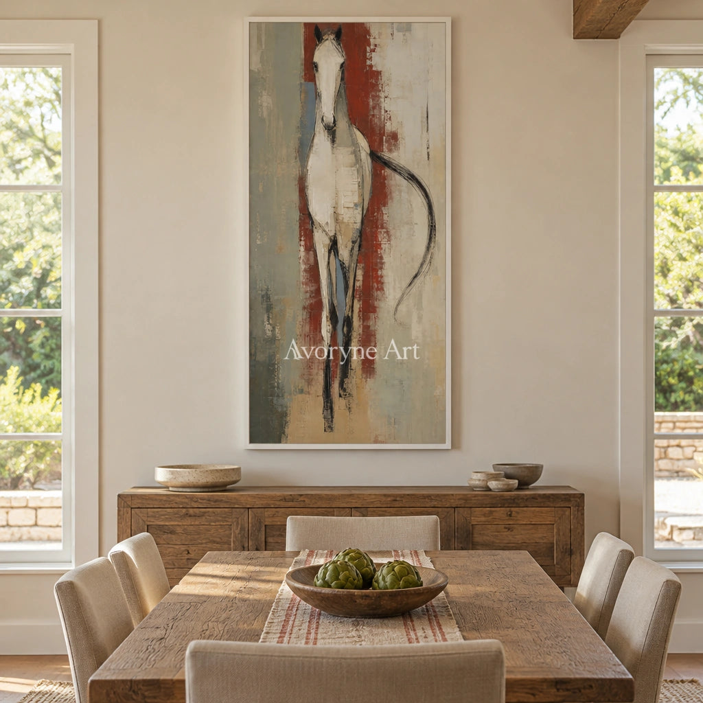 Woven Trace ivory horse art with a white frame in a dining room