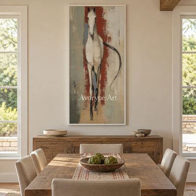 Woven Trace ivory horse art with a white frame in a dining room
