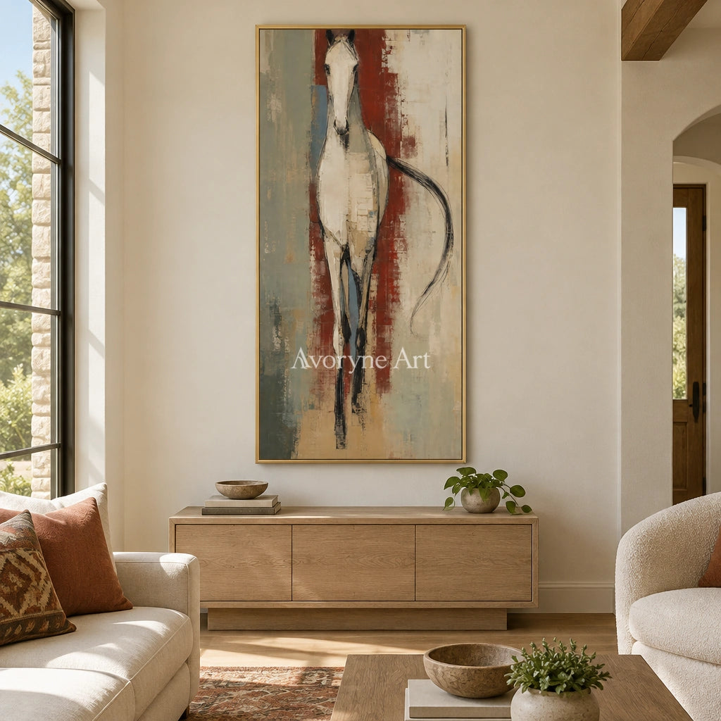 Woven Trace ivory horse art with a gold frame hanging in a living room