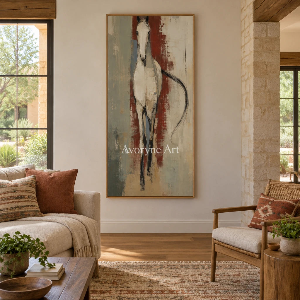 Woven Trace ivory horse art with a wood frame in a villa living space