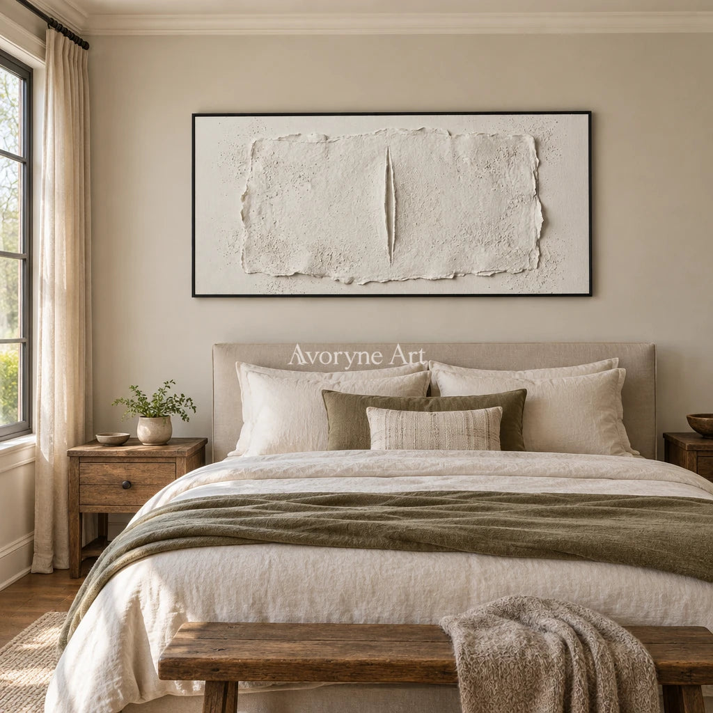 Woven Cadence ivory layered relief wall art with a black frame above a bed in a bedroom