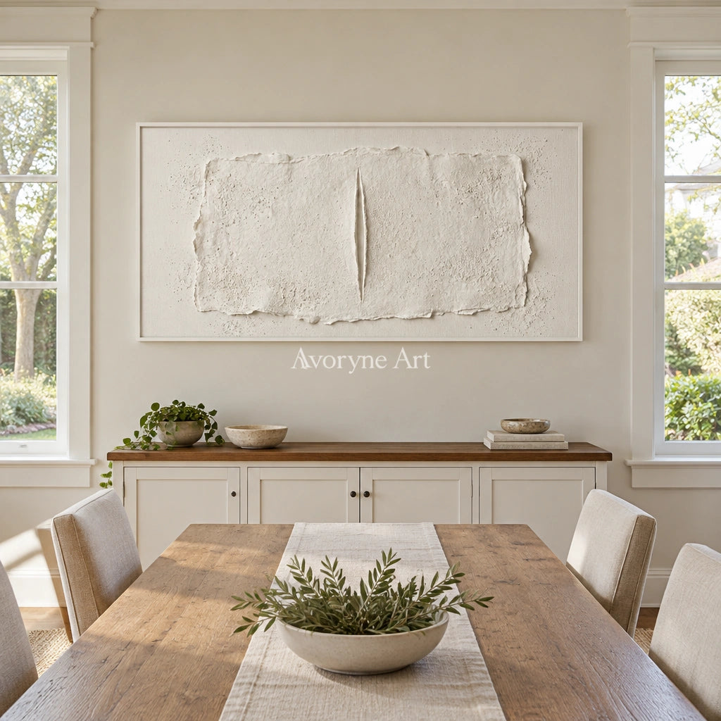 Woven Cadence ivory layered relief wall art with a white frame in a dining room