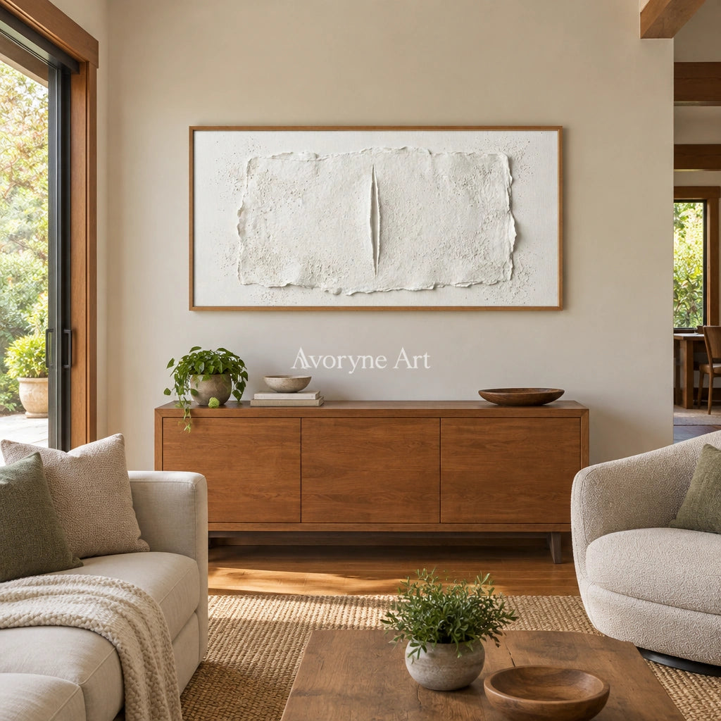 Woven Cadence ivory layered relief wall art with a wood frame in a villa living space