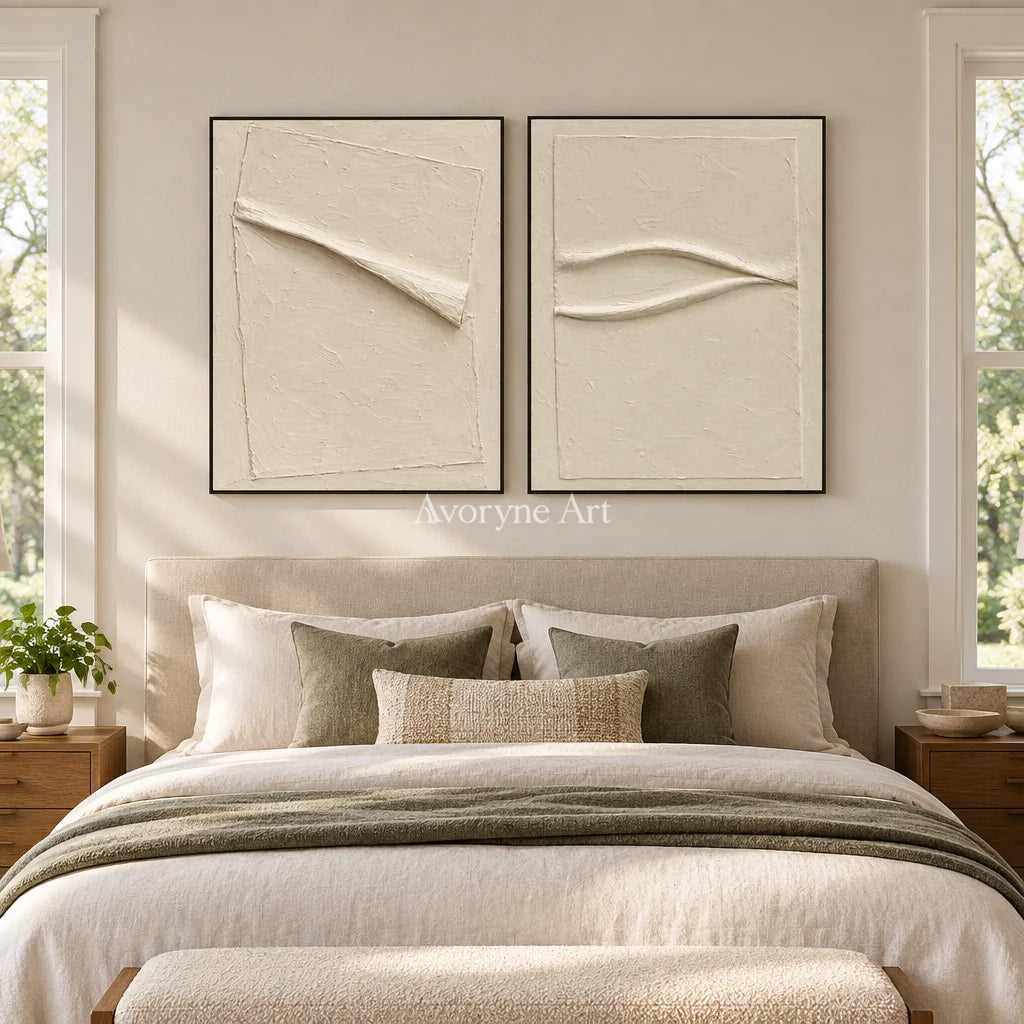 Two Quiet Lines: Ivory Relief Diptych Wall Art — bedroom black