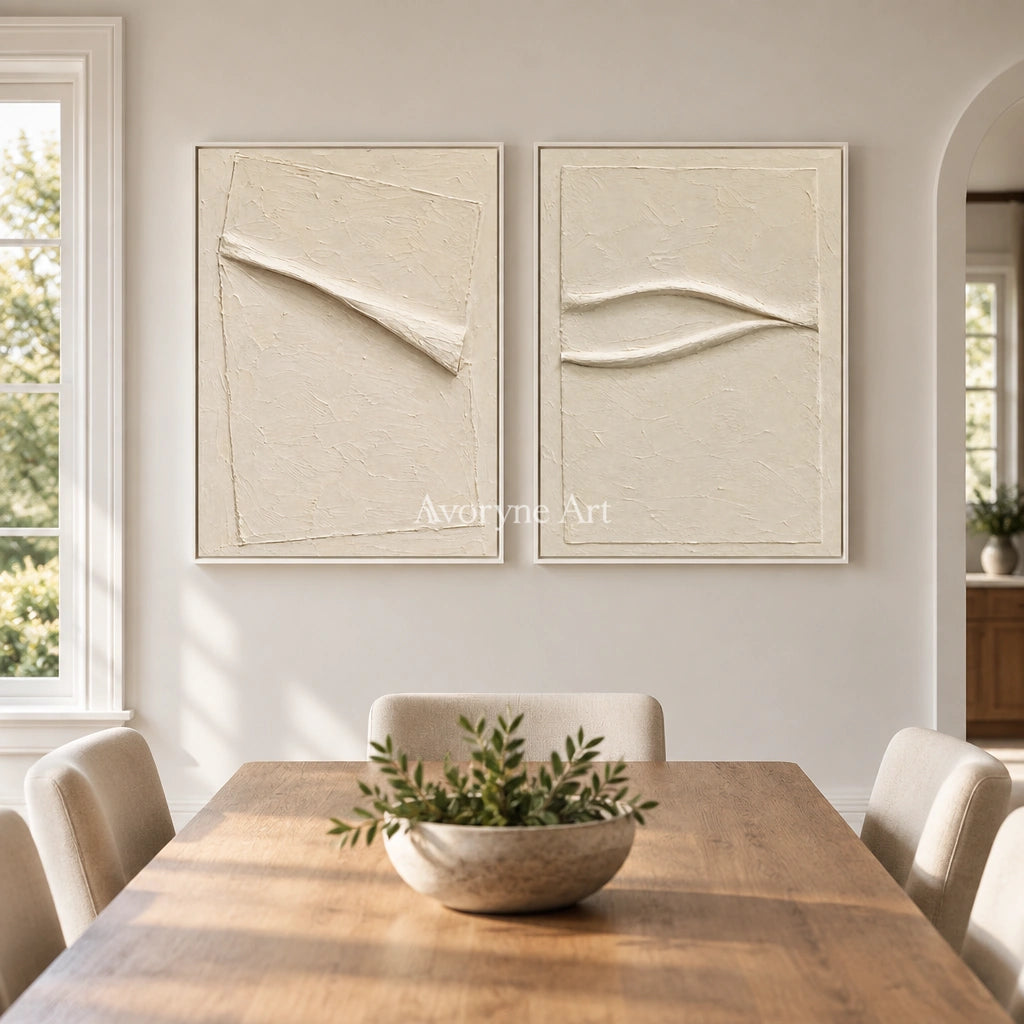 Two Quiet Lines: Ivory Relief Diptych Wall Art — dining white