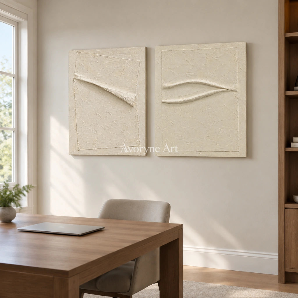 Two Quiet Lines: Ivory Relief Diptych Wall Art — office frameless