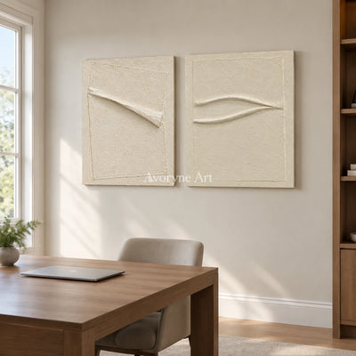Two Quiet Lines: Ivory Relief Diptych Wall Art — office frameless