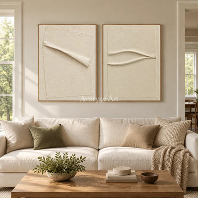 Two Quiet Lines: Ivory Relief Diptych Wall Art — villa wood