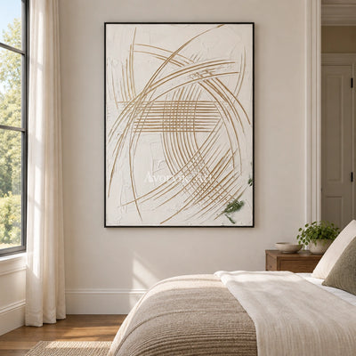 Silver Reverberation linear abstract wall art with a black frame above a bed in a bedroom
