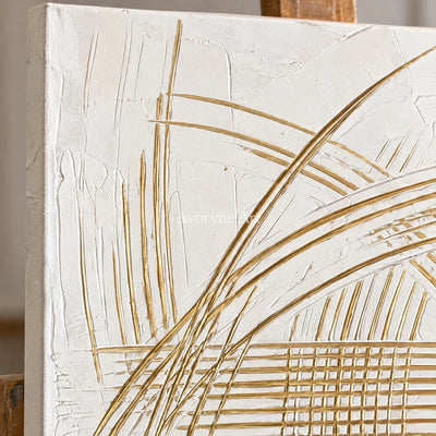 Close-up of the hand-painted texture of Silver Reverberation linear abstract wall art on an easel