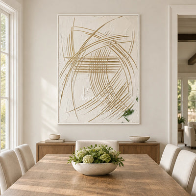 Silver Reverberation linear abstract wall art with a white frame in a dining room