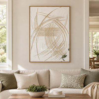 Silver Reverberation linear abstract wall art with a wood frame in a villa living space