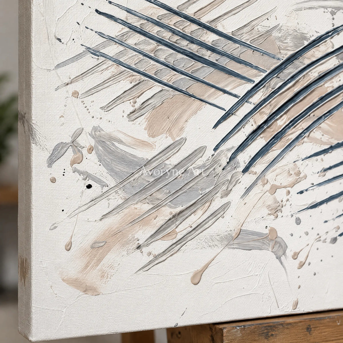 Close-up of the hand-painted texture of Golden Cadence linear abstract wall art on an easel