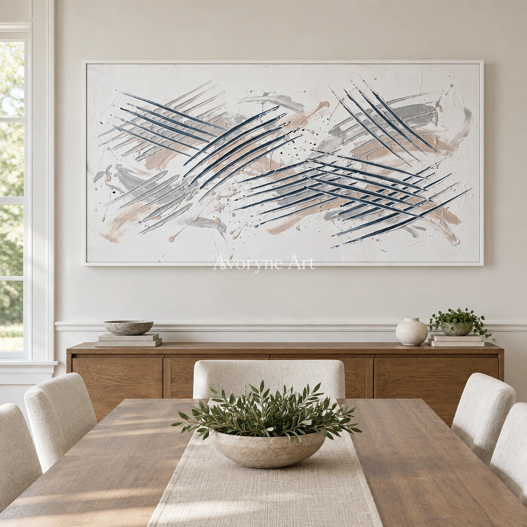 Golden Cadence linear abstract wall art with a white frame in a dining room