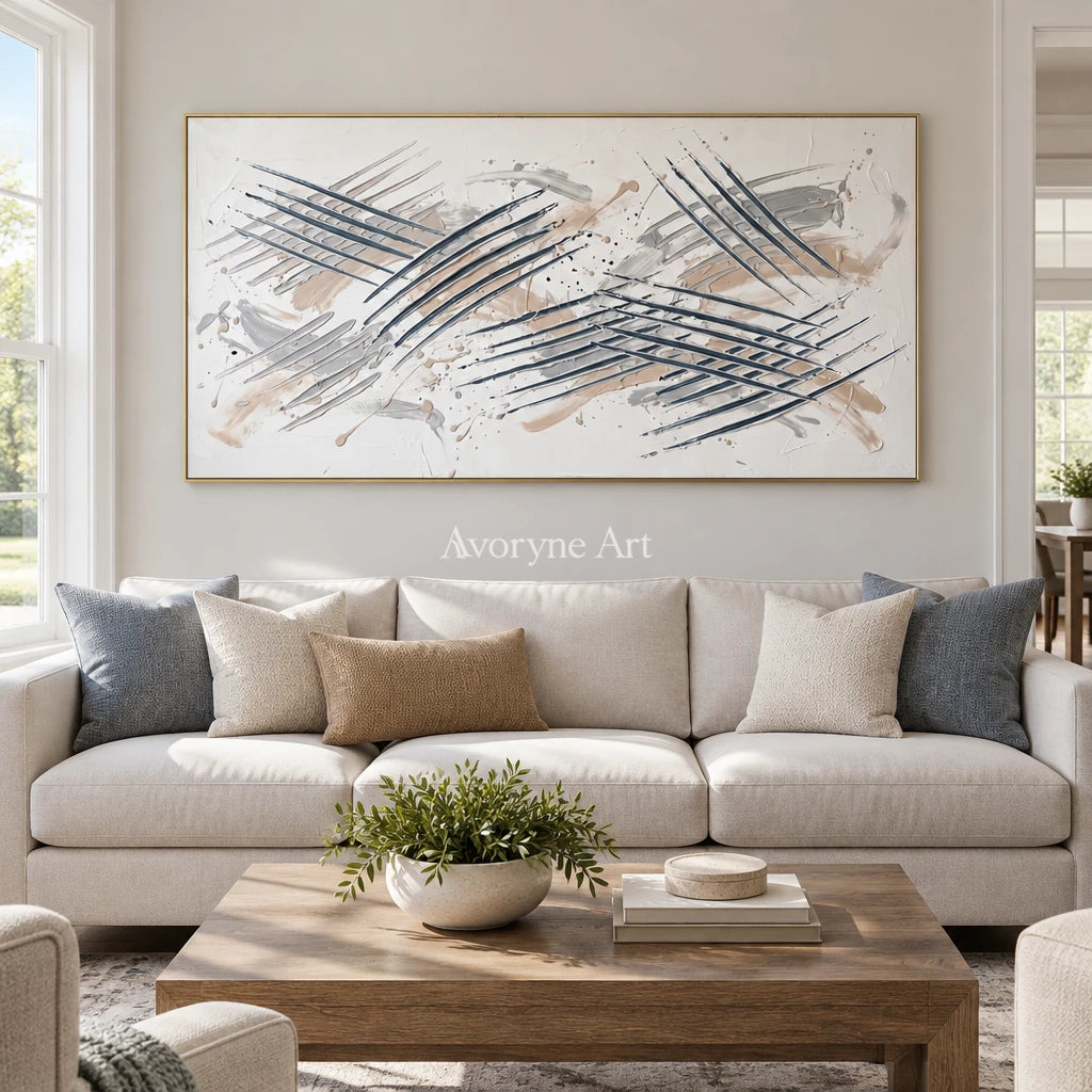 Golden Cadence linear abstract wall art with a gold frame hanging in a living room