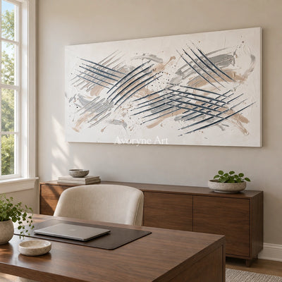 Golden Cadence linear abstract wall art as a frameless stretched canvas in a home office