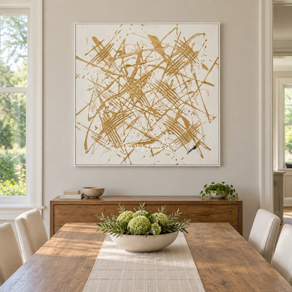 Golden Prelude linear abstract wall art with a white frame in a dining room