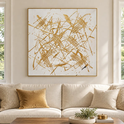 Golden Prelude linear abstract wall art with a gold frame hanging in a living room