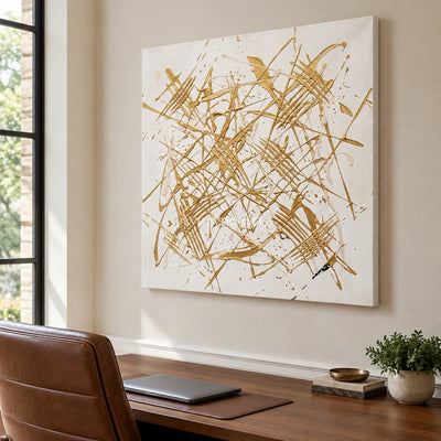 Golden Prelude linear abstract wall art as a frameless stretched canvas in a home office