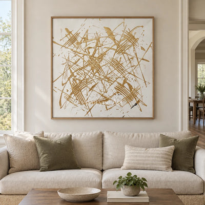 Golden Prelude linear abstract wall art with a wood frame in a villa living space
