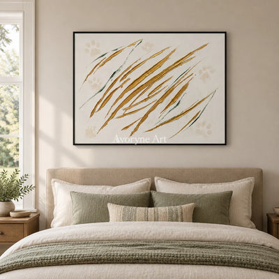 Golden Trace linear abstract wall art with a black frame above a bed in a bedroom