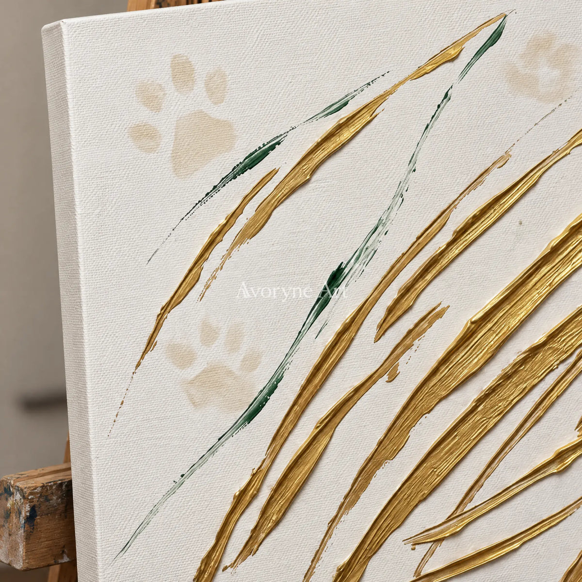 Close-up of the hand-painted texture of Golden Trace linear abstract wall art on an easel
