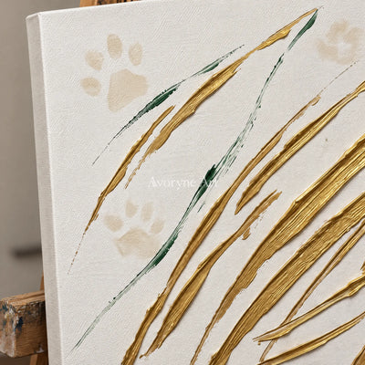 Close-up of the hand-painted texture of Golden Trace linear abstract wall art on an easel
