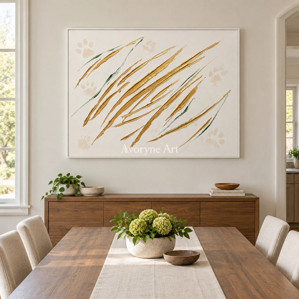 Golden Trace linear abstract wall art with a white frame in a dining room