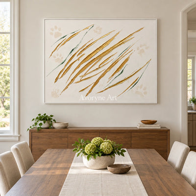 Golden Trace linear abstract wall art with a white frame in a dining room