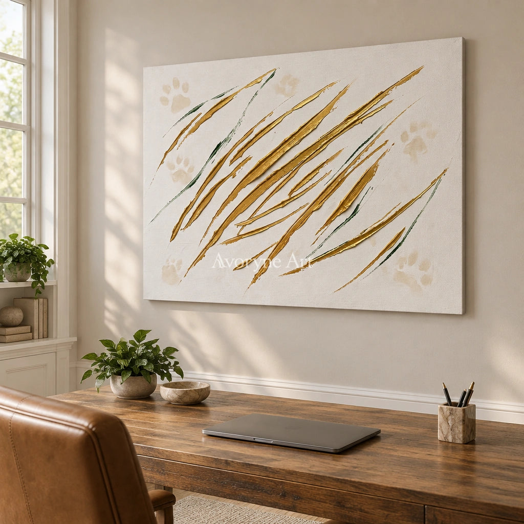 Golden Trace linear abstract wall art as a frameless stretched canvas in a home office