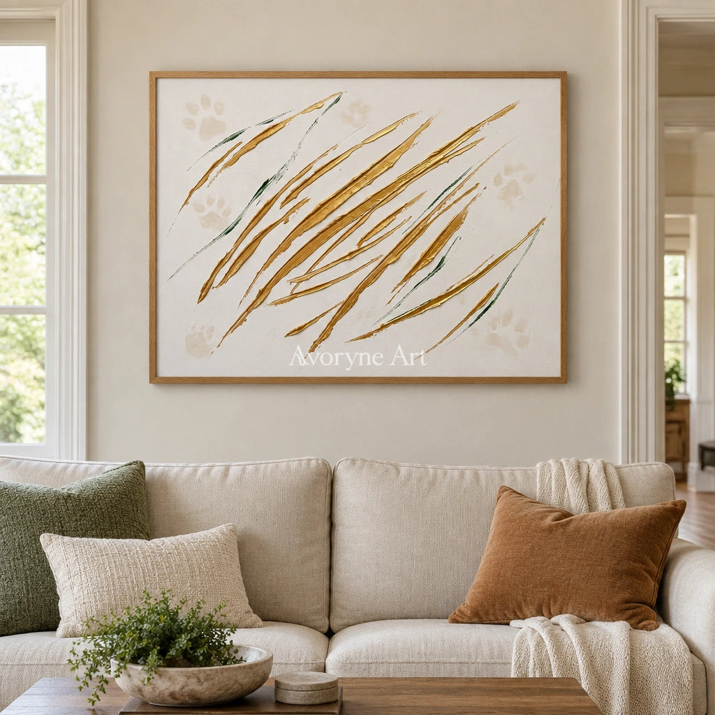 Golden Trace linear abstract wall art with a wood frame in a villa living space