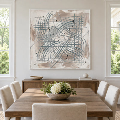 Golden Story linear abstract wall art with a white frame in a dining room