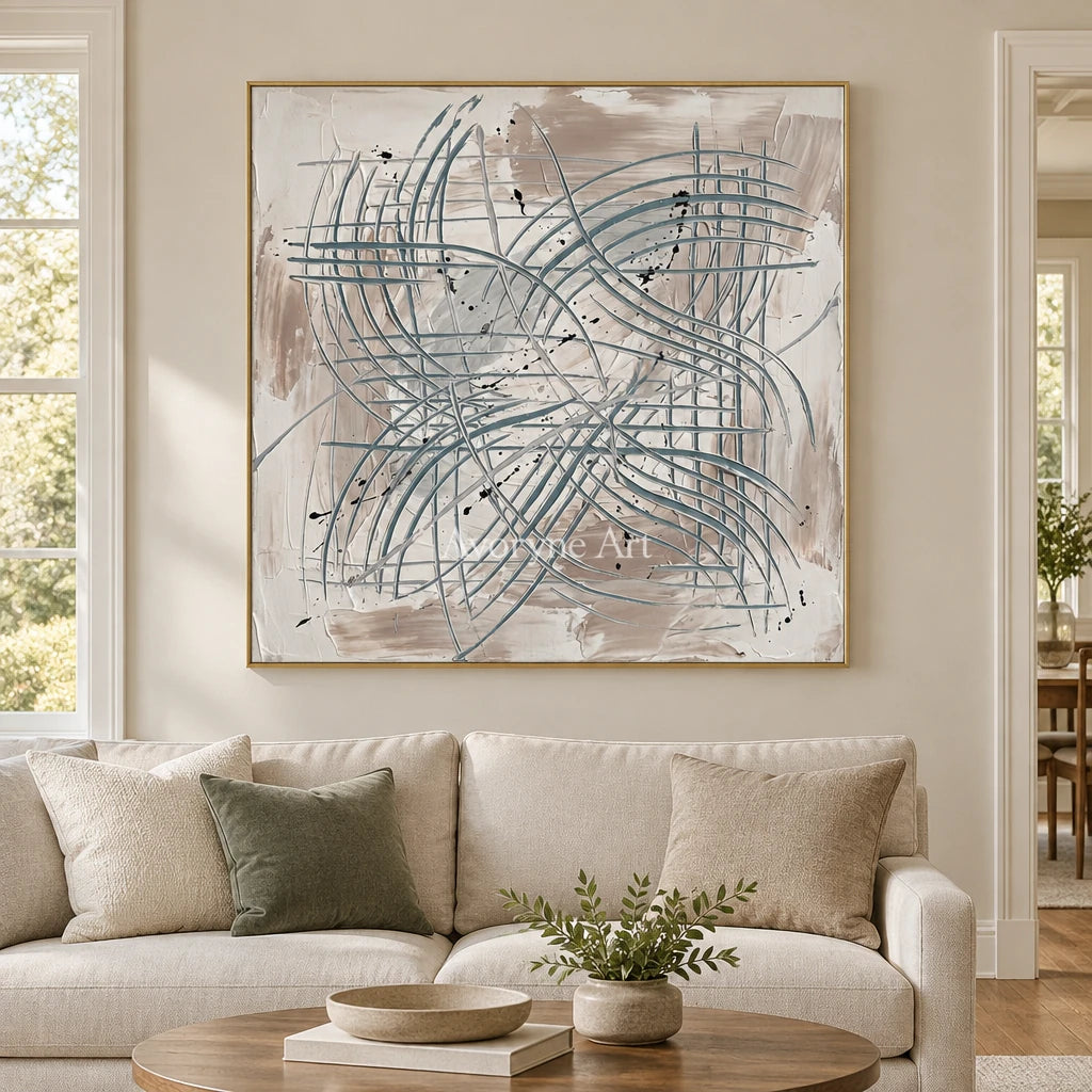 Golden Story linear abstract wall art with a gold frame hanging in a living room