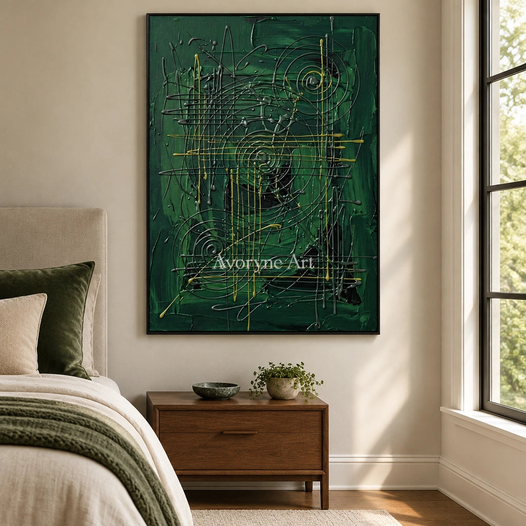 Golden Vista linear abstract wall art with a black frame above a bed in a bedroom