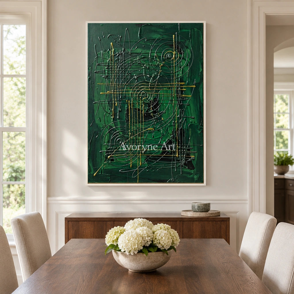 Golden Vista linear abstract wall art with a white frame in a dining room