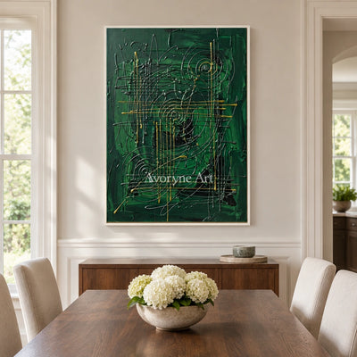 Golden Vista linear abstract wall art with a white frame in a dining room