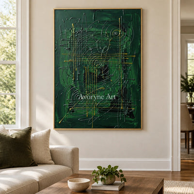 Golden Vista linear abstract wall art with a gold frame hanging in a living room