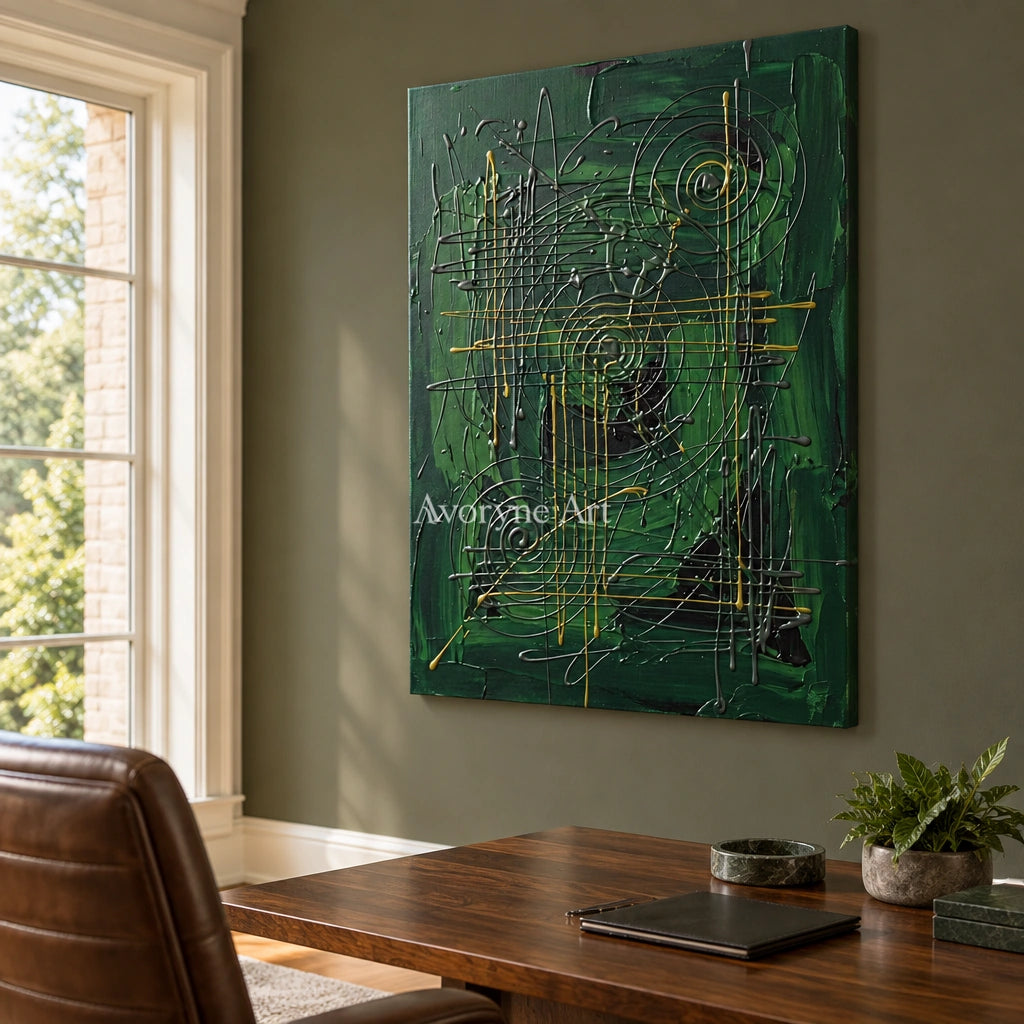 Golden Vista linear abstract wall art as a frameless stretched canvas in a home office