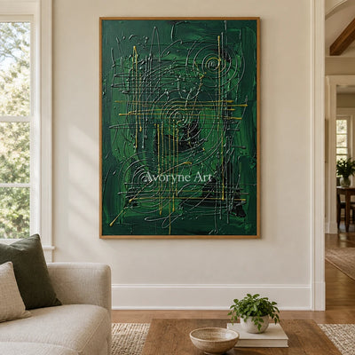 Golden Vista linear abstract wall art with a wood frame in a villa living space