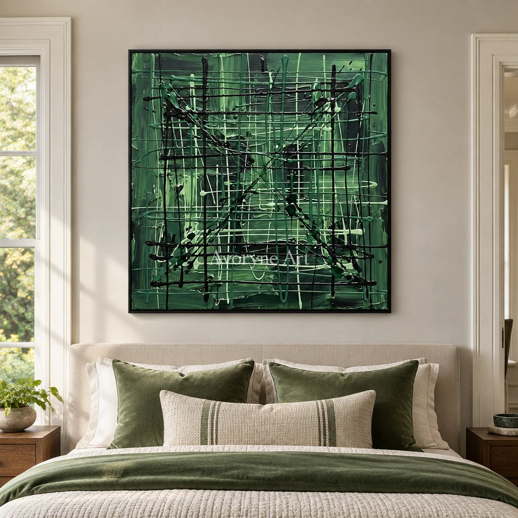 Golden Current linear abstract wall art with a black frame above a bed in a bedroom