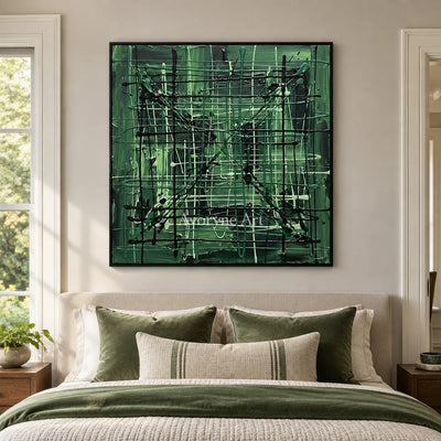 Golden Current linear abstract wall art with a black frame above a bed in a bedroom