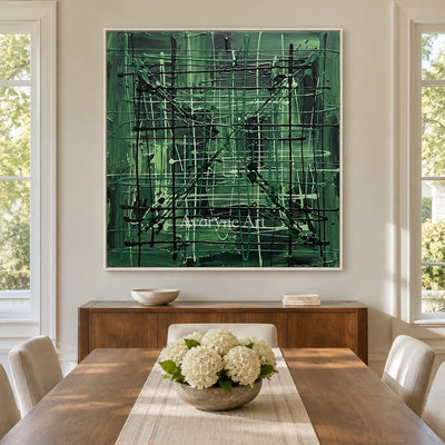 Golden Current linear abstract wall art with a white frame in a dining room