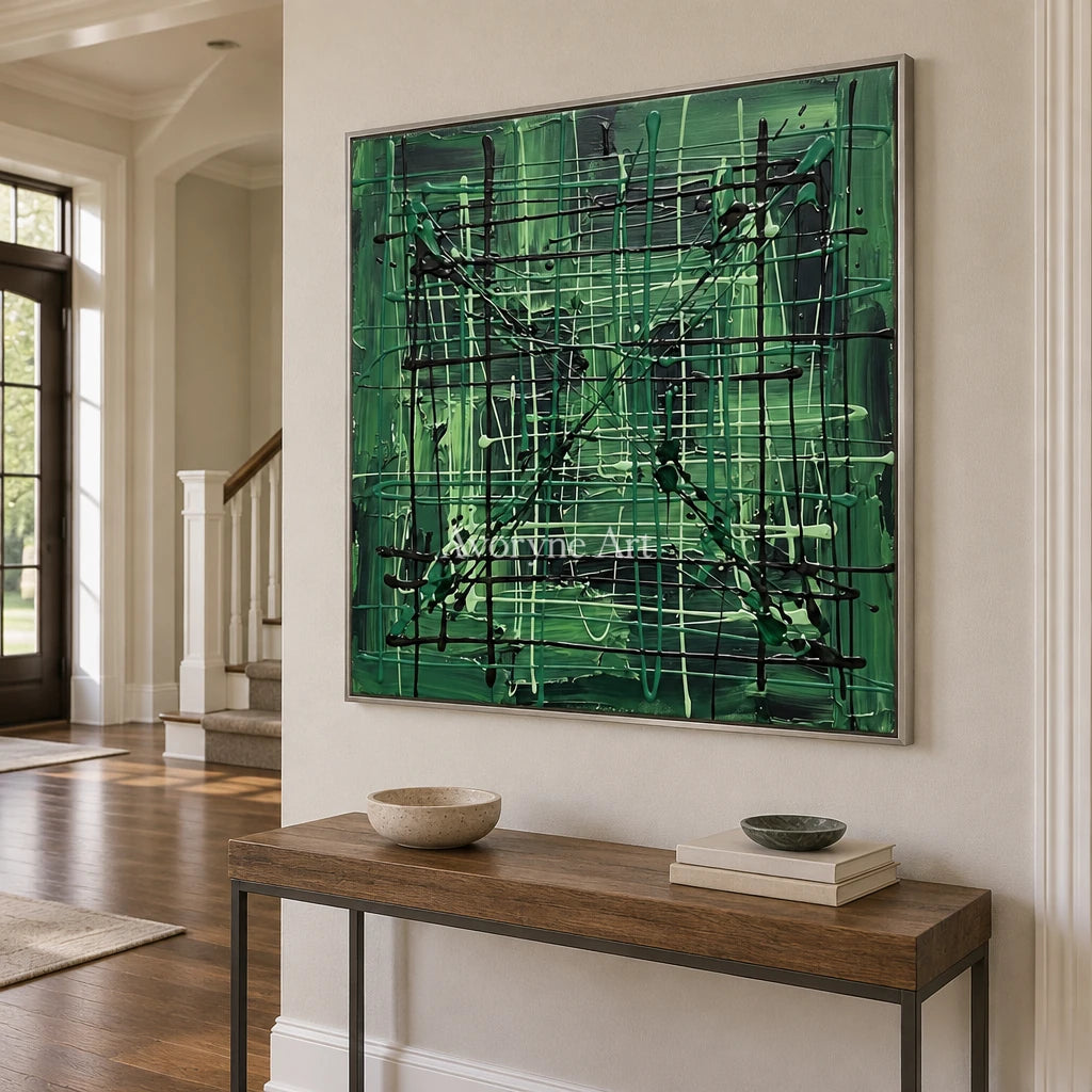 Golden Current linear abstract wall art with a silver frame in an entryway