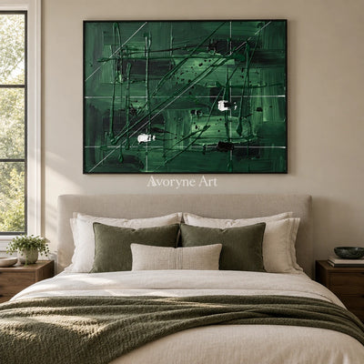 Golden Reverberation linear abstract wall art with a black frame above a bed in a bedroom