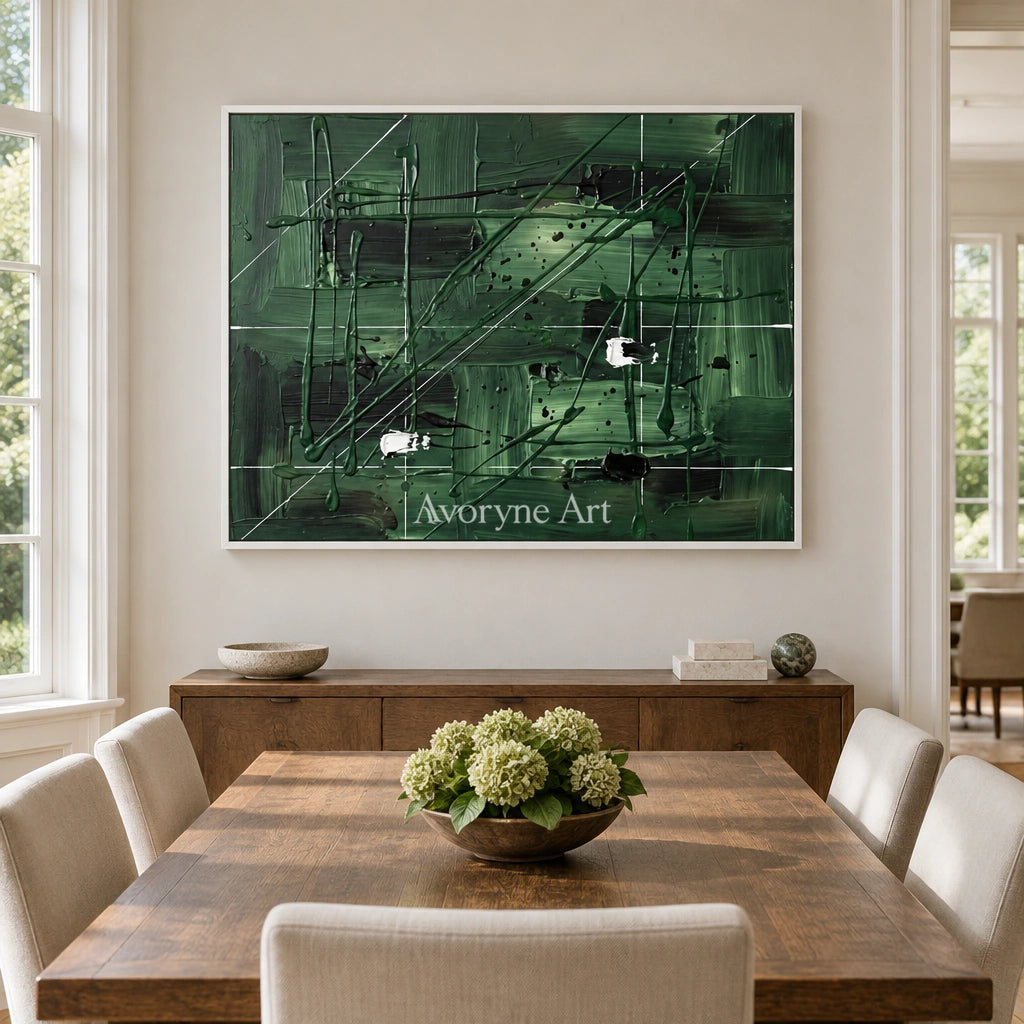 Golden Reverberation linear abstract wall art with a white frame in a dining room