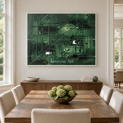 Golden Reverberation linear abstract wall art with a white frame in a dining room