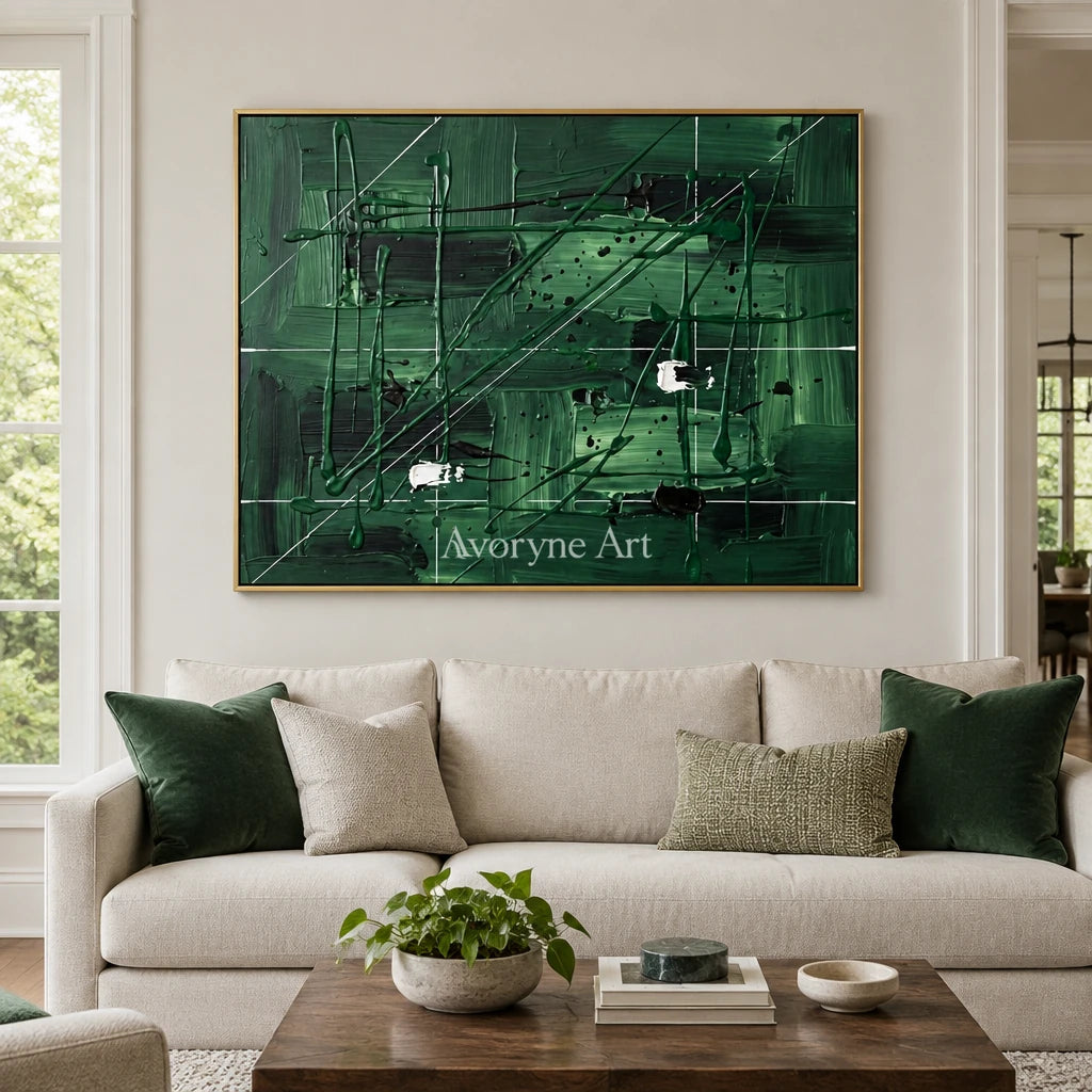 Golden Reverberation linear abstract wall art with a gold frame hanging in a living room