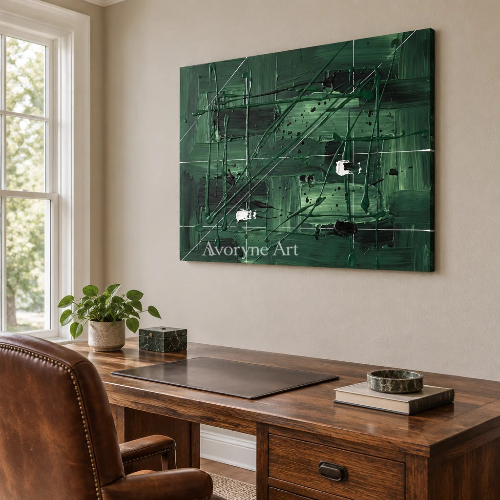 Golden Reverberation linear abstract wall art as a frameless stretched canvas in a home office