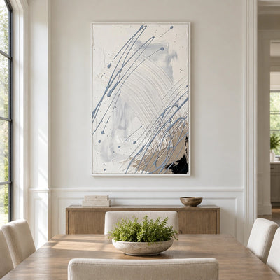 Golden Dialogue linear abstract wall art with a white frame in a dining room