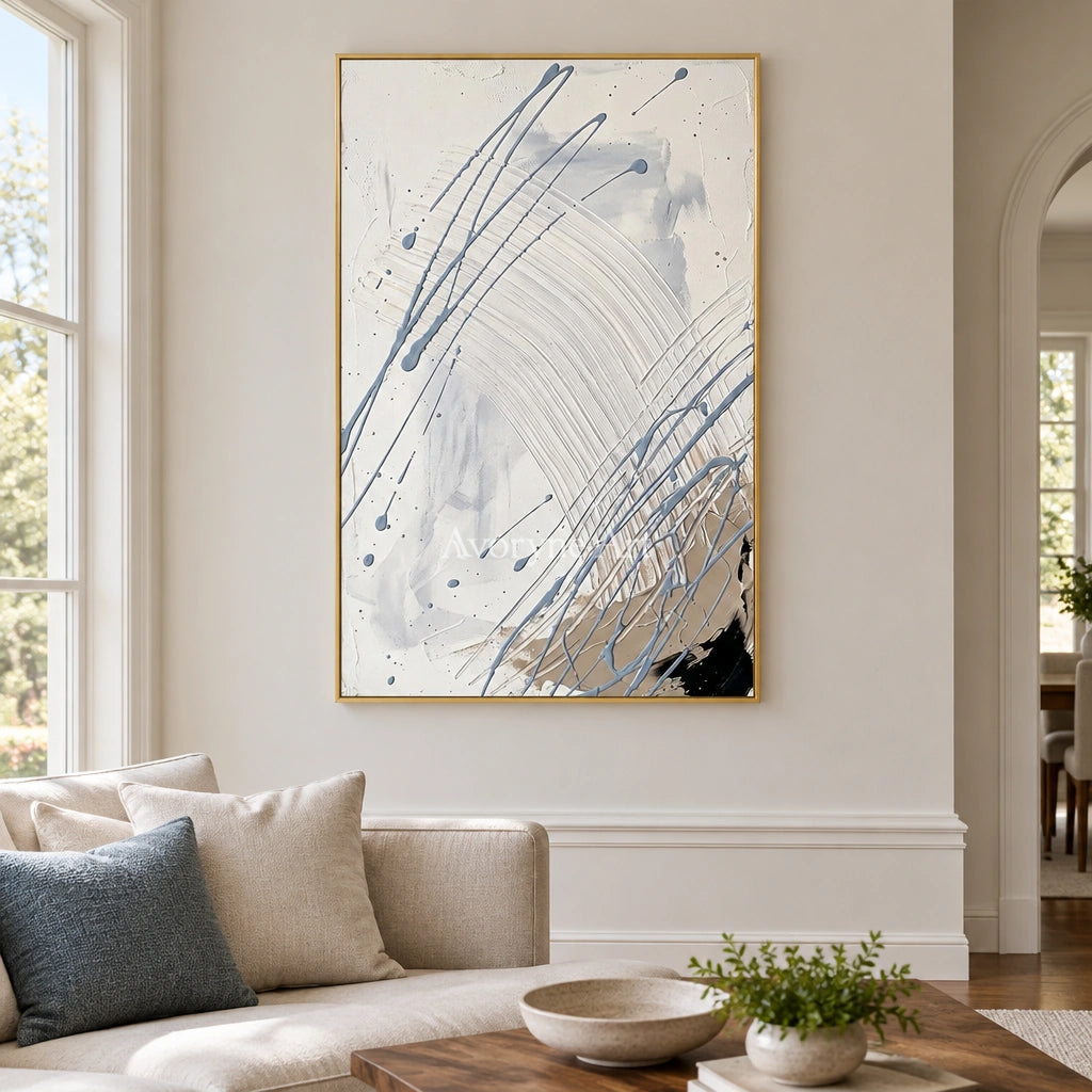 Golden Dialogue linear abstract wall art with a gold frame hanging in a living room